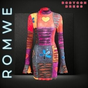 ROMWE/SHEIN NWT Grunge Punk Flower & Heart Print Lettuce Trim Bodycon Dress/SM